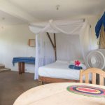 The bed is covered with a mosquito net